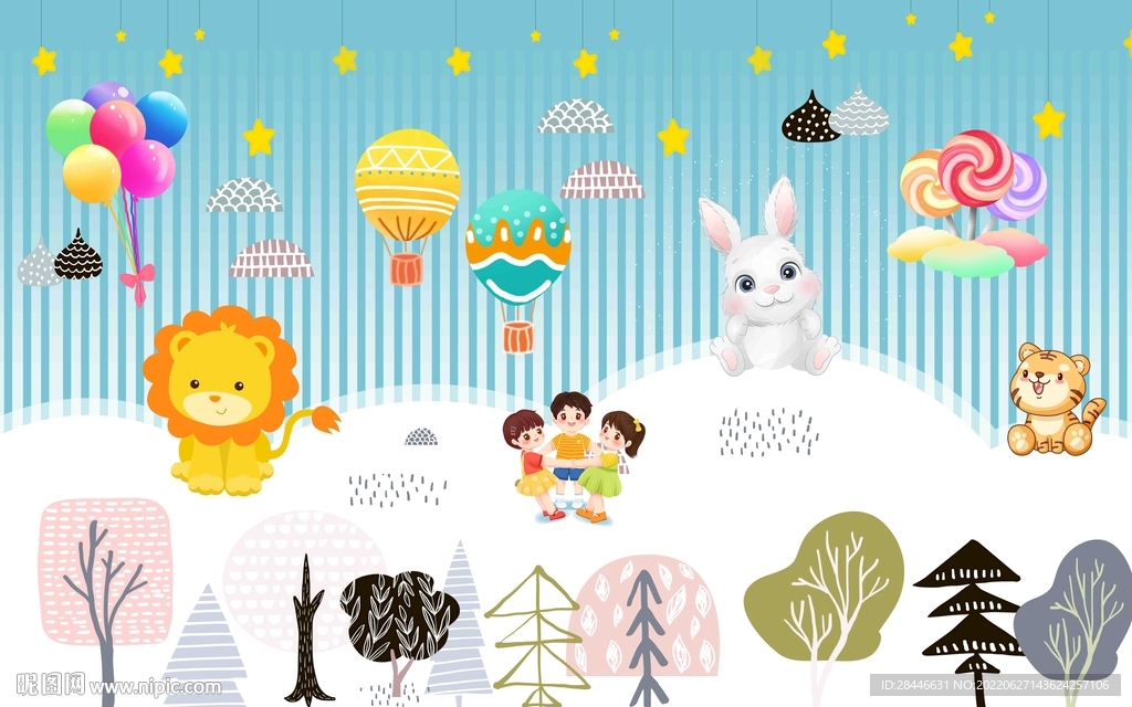 卡通动物儿童房背景墙