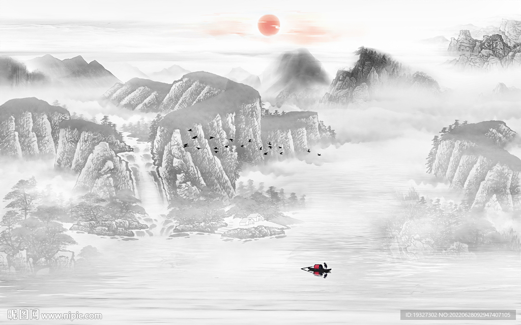 中式灰色山水框画