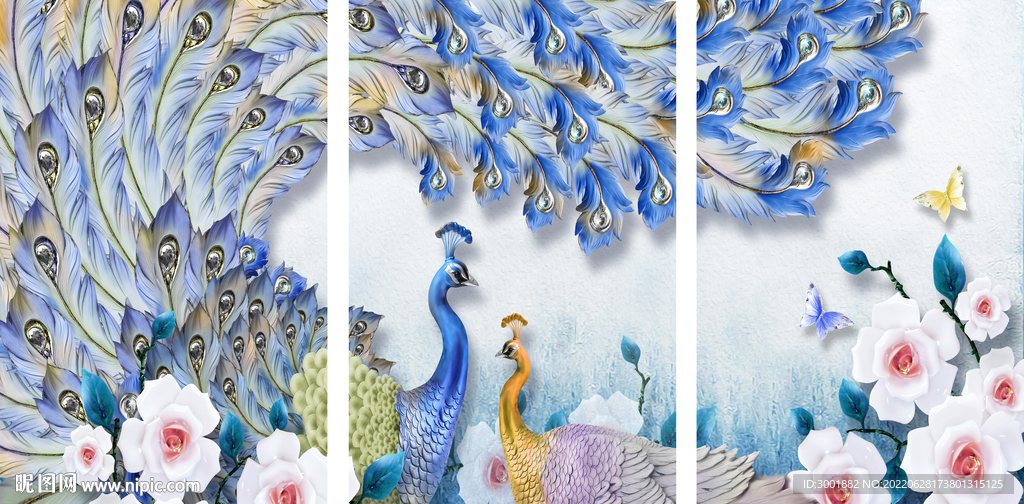 轻奢装饰画 孔雀 三联画