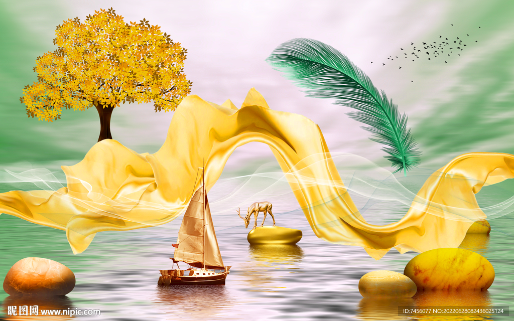 发财树风景画背景墙