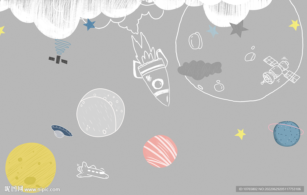 卡通太空飞船星球儿童背景壁画