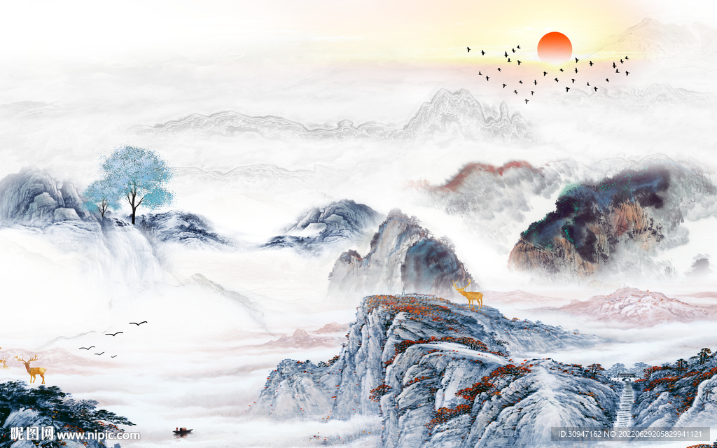 新中式客厅风景山水 TIf分层