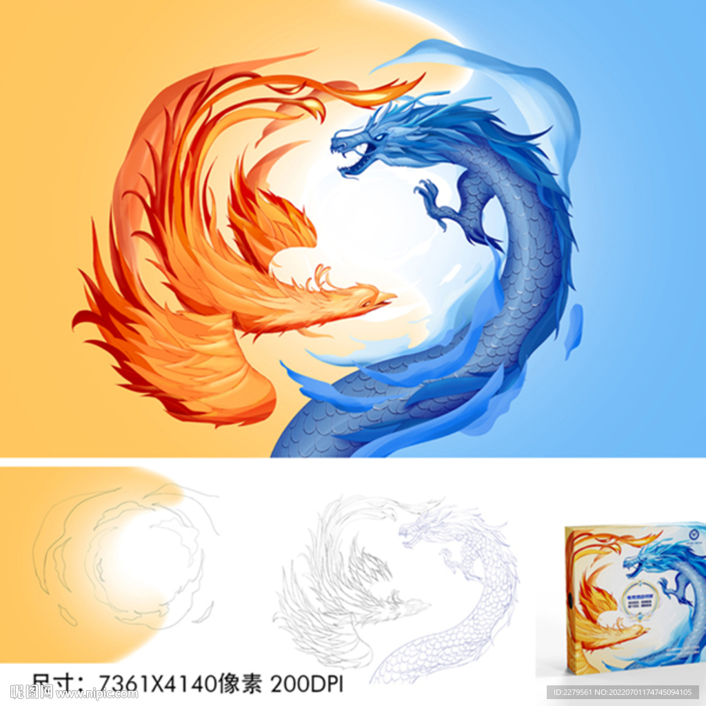 国风龙凤斗插画
