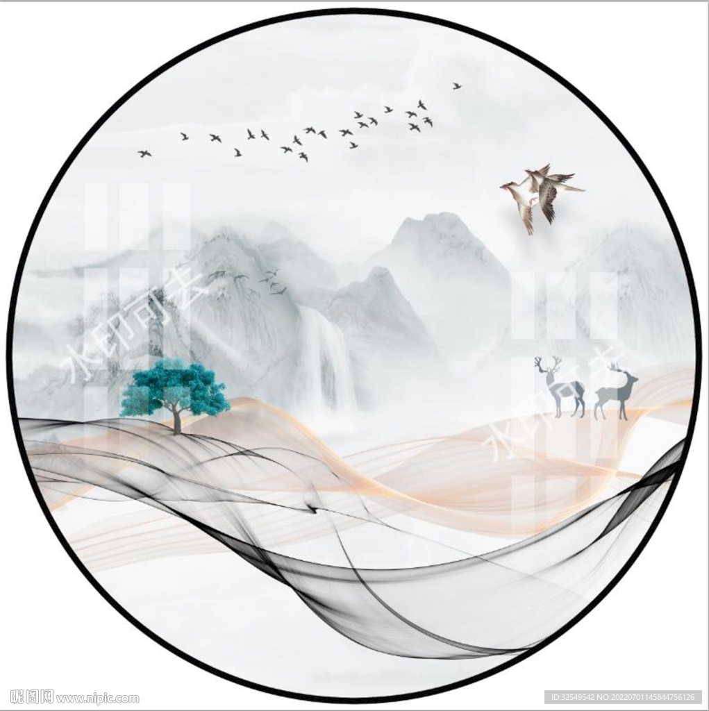 新中式圆形水墨山水画
