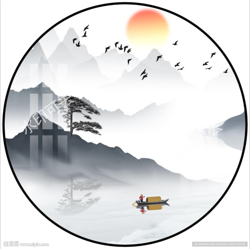 新中式圆形水墨山水画