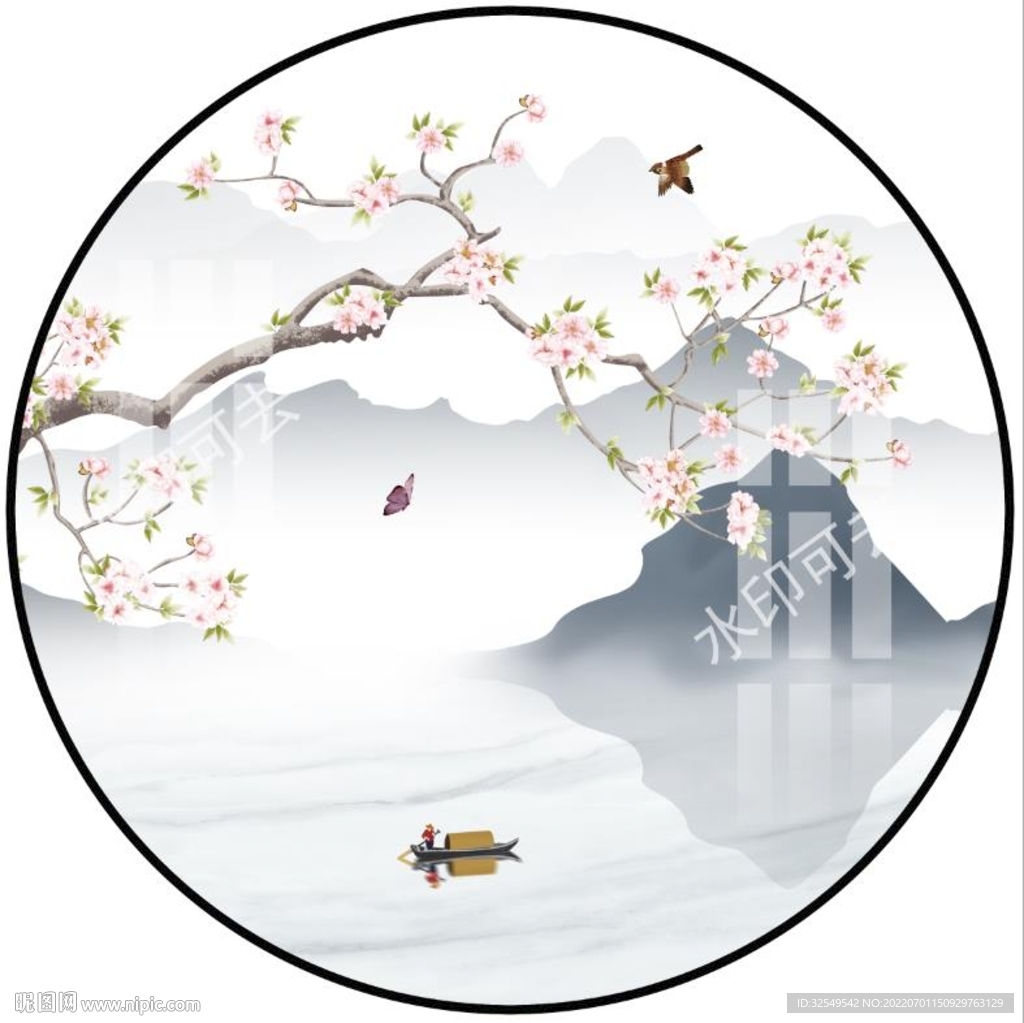 新中式圆形水墨山水画