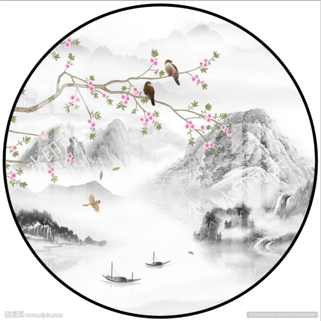新中式圆形水墨山水画
