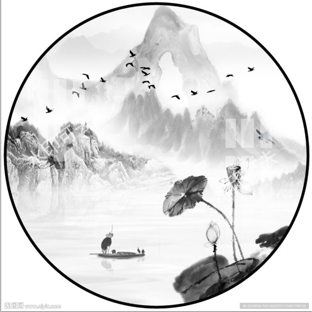 新中式圆形水墨山水画