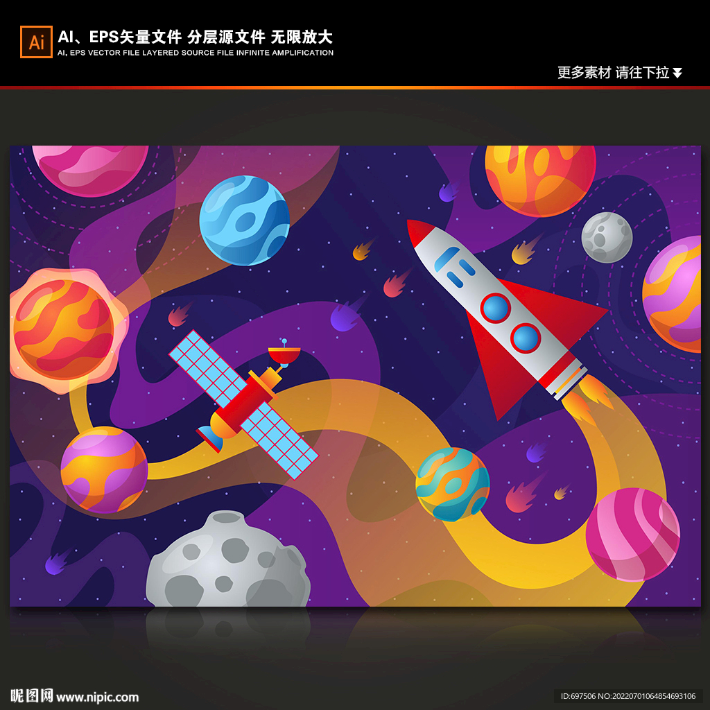 卡通火箭立体太空宇宙星球背景墙