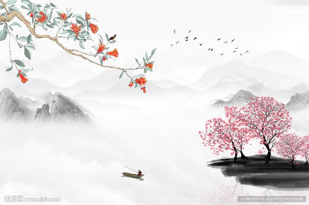 山水花鸟背景墙