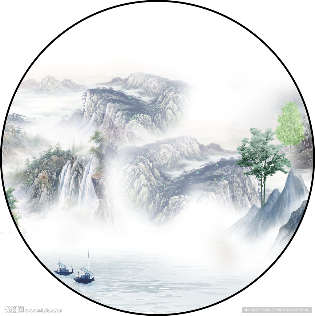 新中式禅意水墨山水圆框装饰画