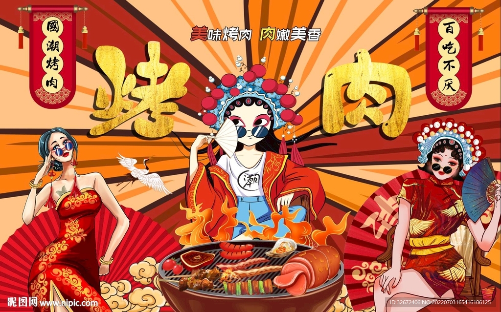 国潮美女美味烤肉工装背景墙图片
