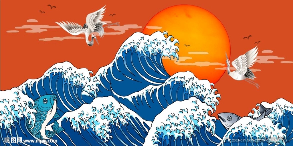 新中式浮世绘大海仙鹤背景墙