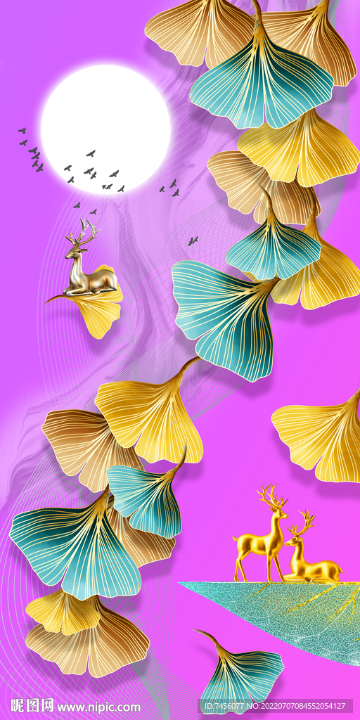 水彩落叶麋鹿高清玄关过道