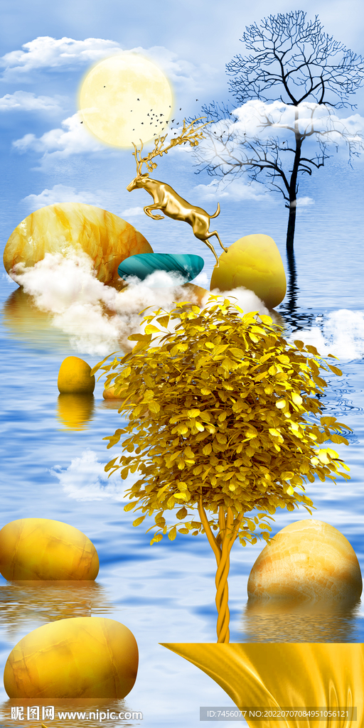 湖泊发财树玄关过道装饰画