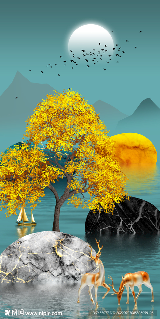 湖泊水墨山脉艺术玄关过道装饰画