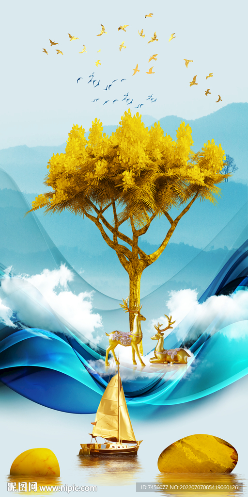 金色发财白云艺术玄关过道装饰画