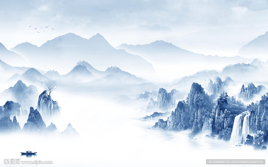 蓝色新简约山水画 TIf分层