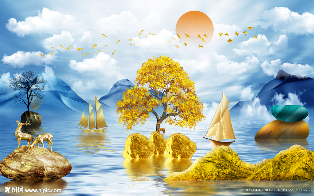 湖泊发财树高清立体背景墙