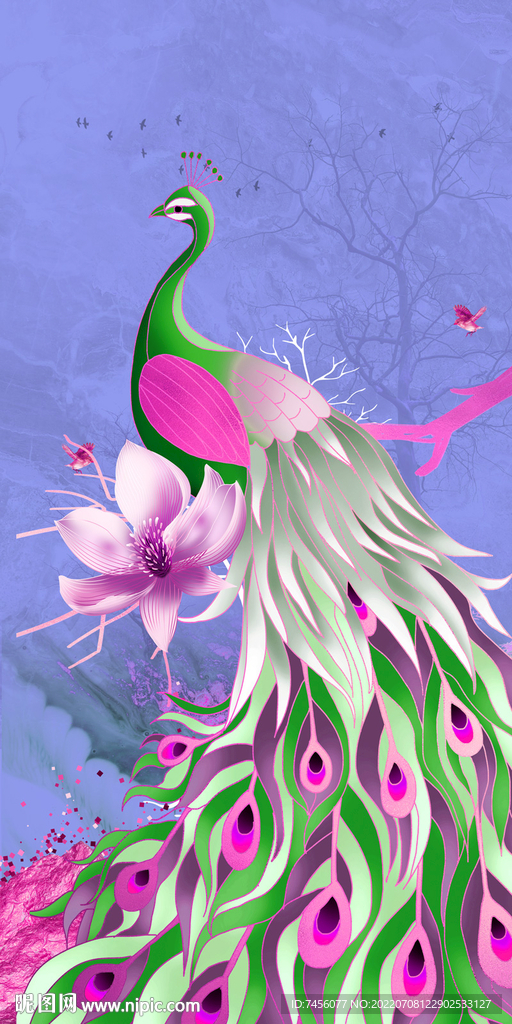 水彩孔雀玄关过道装饰画