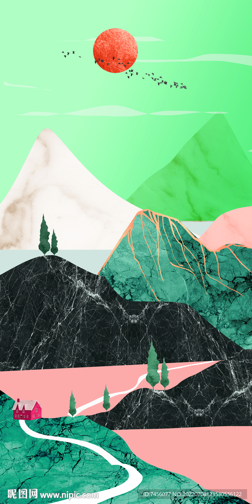 水彩山脉高清玄关过道装饰画