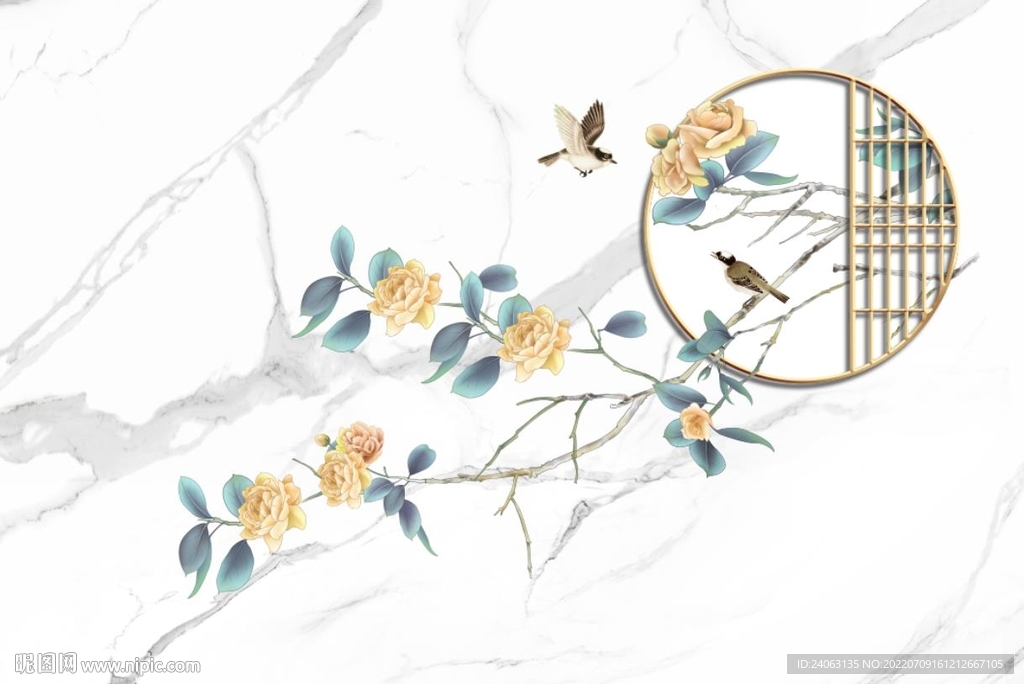 新中式牡丹花鸟