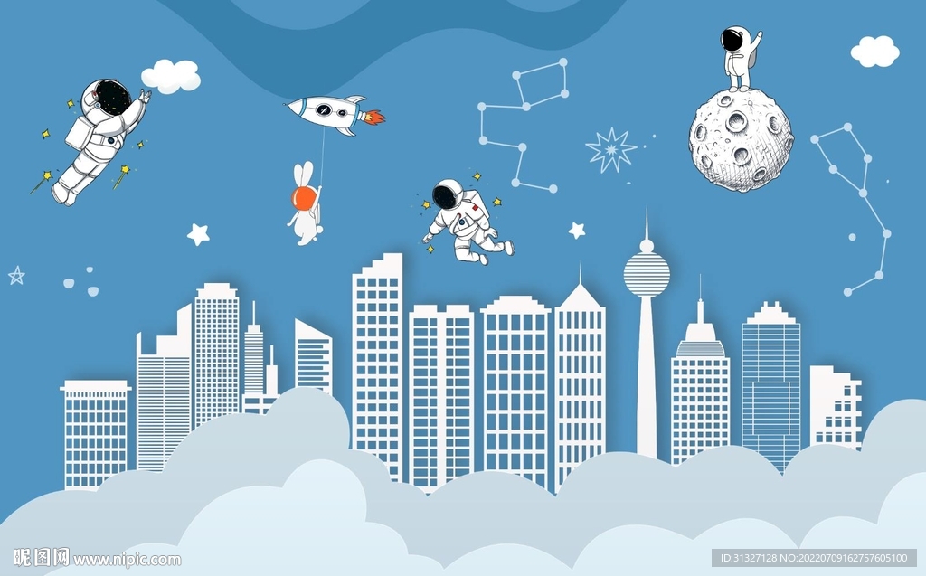 卡通城市宇宙太空儿童房背景墙