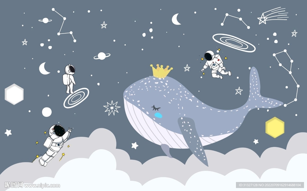 手绘卡通宇航员鱼背景墙