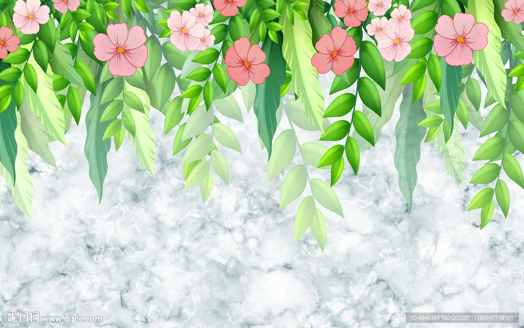 热带花鸟棕榈叶背景墙