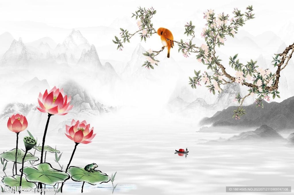 荷花山水背景墙