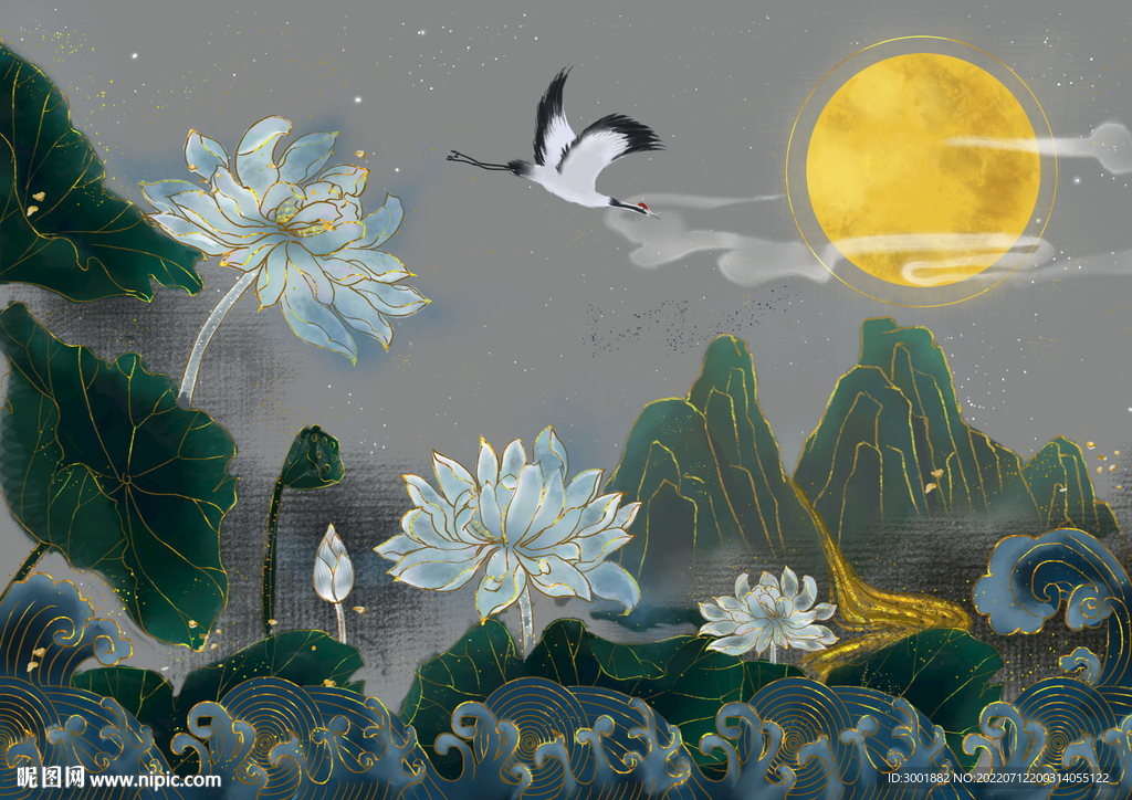 轻奢装饰画 新中式 莲花仙鹤