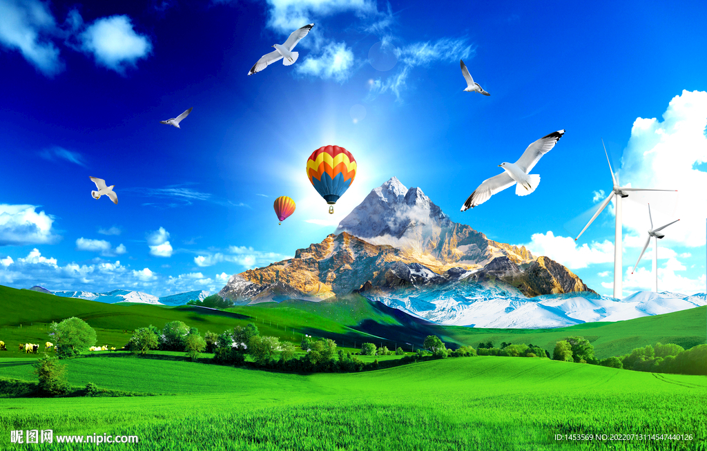 蓝天白云草原雪山