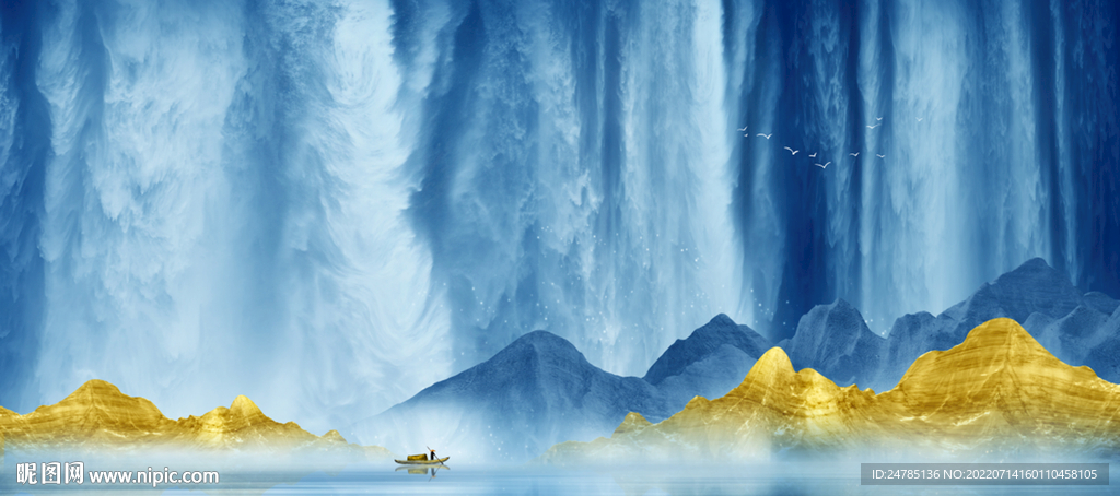 流水生财瀑布山水画