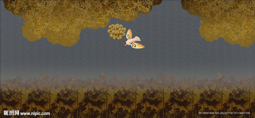 手绘花鸟图背景墙