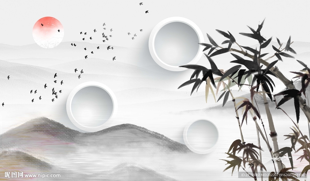 中式山水咏竹背景墙设计图