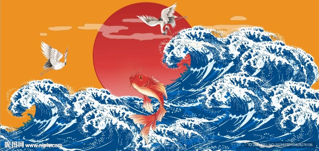 国潮美食大海仙鹤背景墙壁画