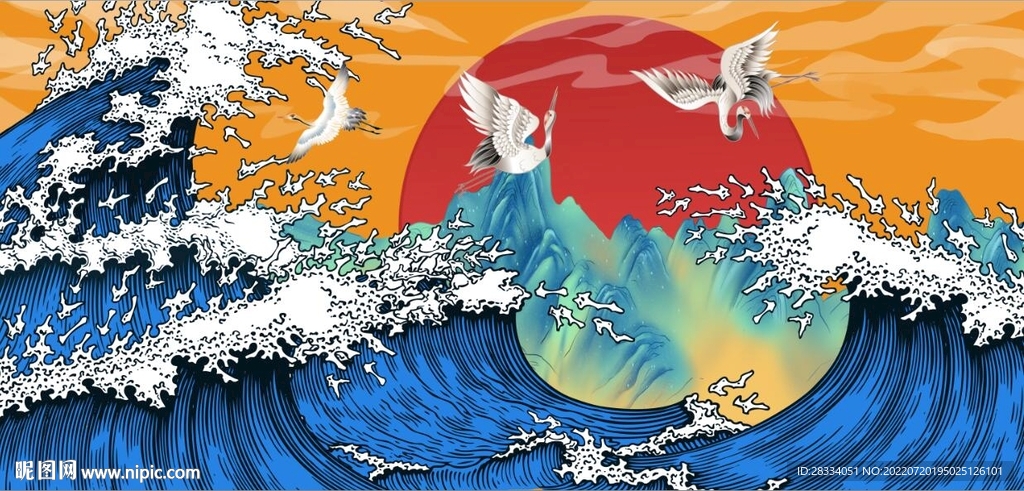 国潮美食大海仙鹤背景墙