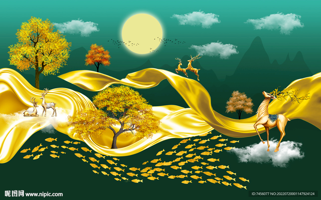 中式水墨风景画绸布背景墙