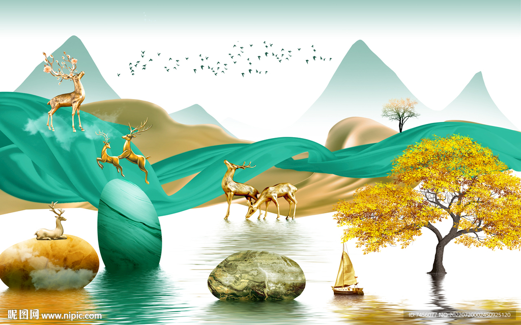 湖泊山脉中式风景画背景墙