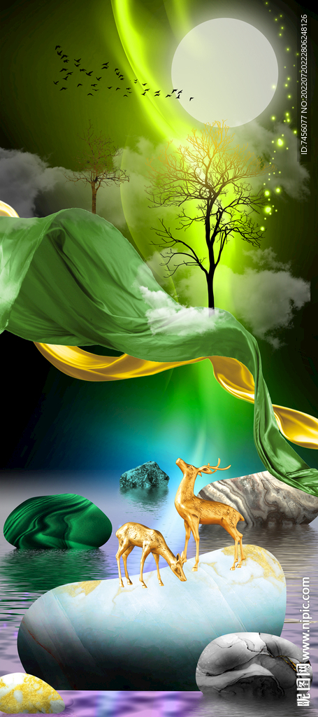 湖泊麋鹿高清立体玄关过道装饰画