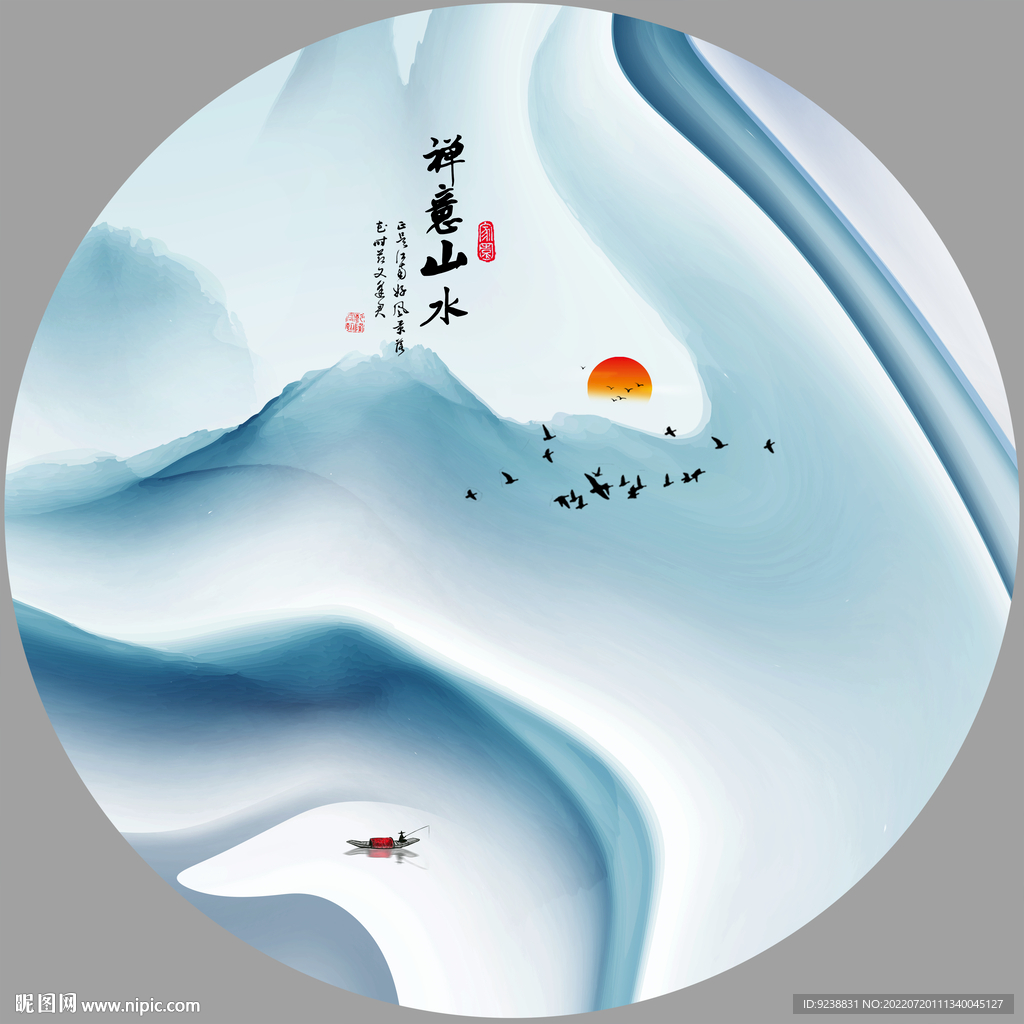 圆形水墨山水画