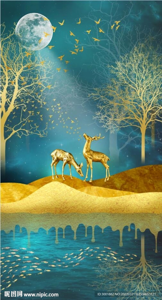 轻奢装饰画 新中式山水画 麋鹿