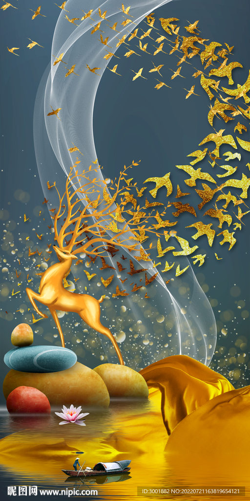 轻奢装饰画 山水石头 麋鹿