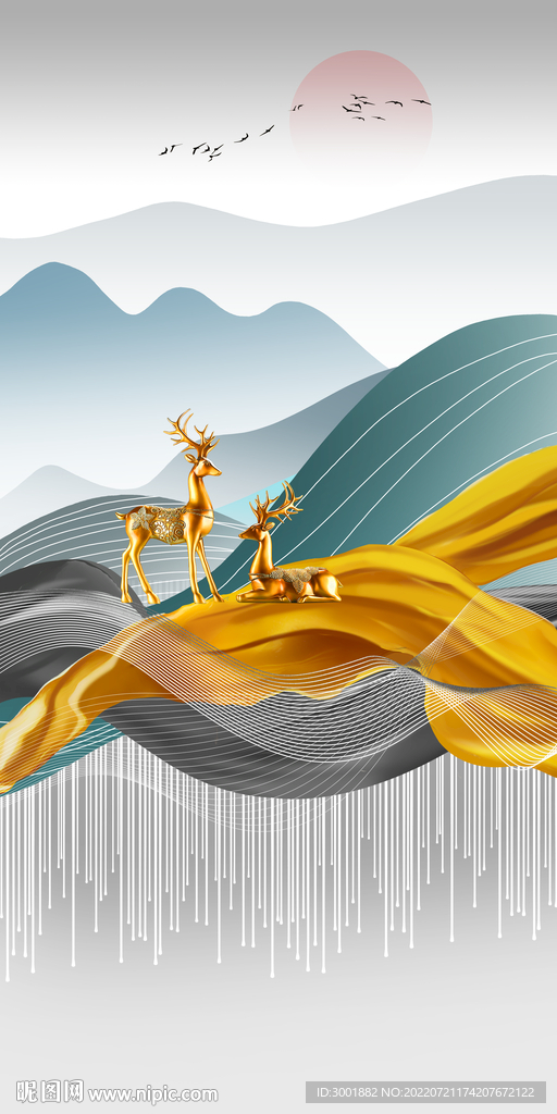 轻奢装饰画 山水飘带 麋鹿