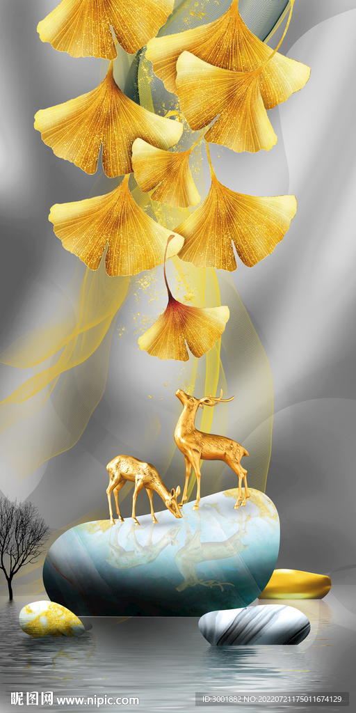 轻奢装饰画 山水弧线石头麋鹿