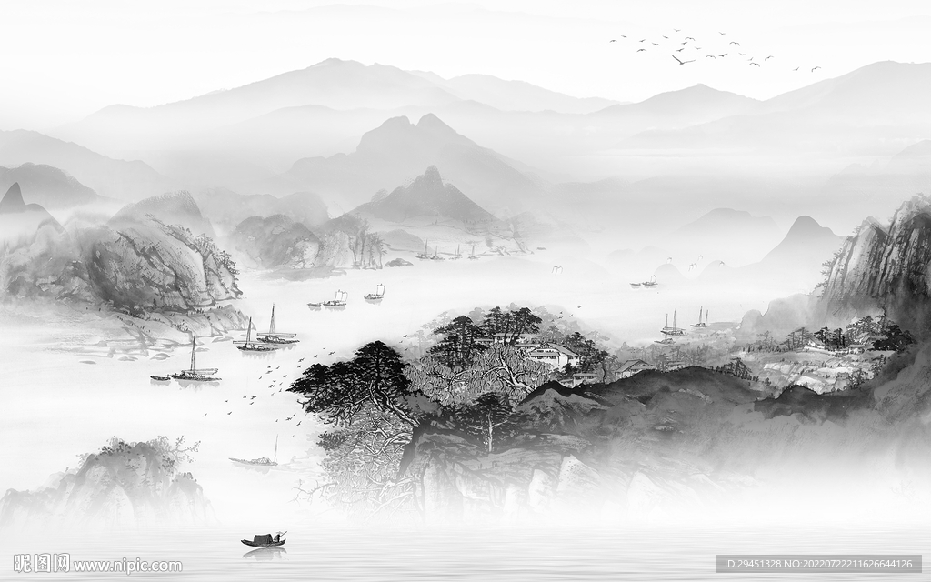 客厅意境灰色山水 Tif分层