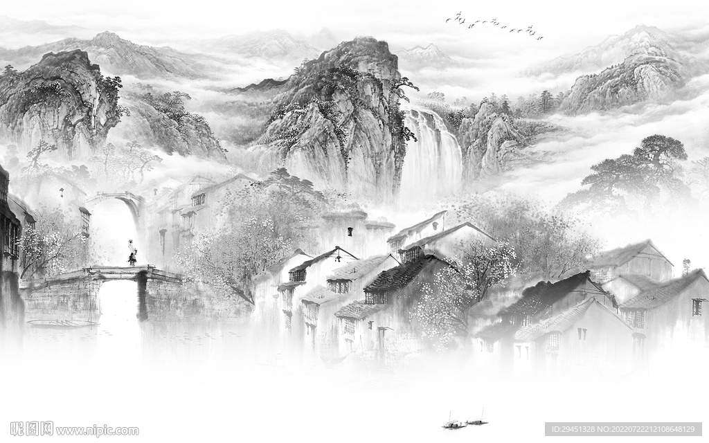 中式 意境灰色山水 Tif分层