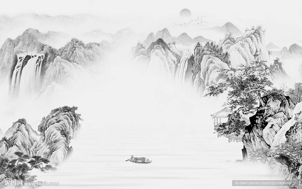 客厅灰色中式山水 Tif分层