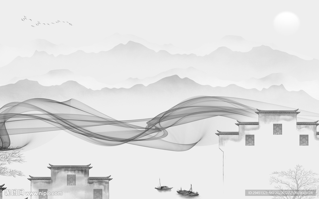 徽派 灰色中式山水 Tif分层