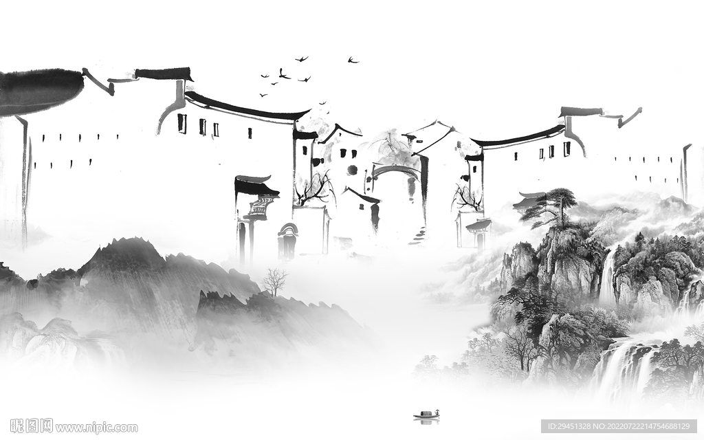 江南 意境灰色山水 Tif分层